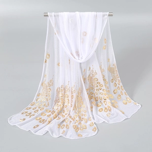 Elegant white shawl with golden peacock feather print made of lightweight chiffon fabric