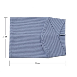 Detail of blue ribbed cotton headscarf showing 28cm width and 22cm height dimensions