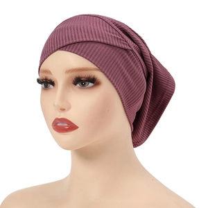 Purple ribbed knit modal turban for women with elegant cross-fold wrap design