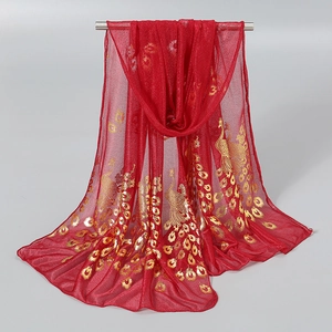 Elegant red chiffon scarf with golden peacock embroidery for women's travel accessories