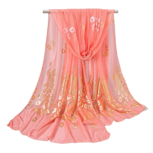 Elegant peach silk scarf with gold peacock feather print for women travel shawl