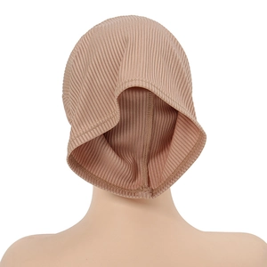 Neutral pink ribbed cotton hijab undercap featuring a snug fit and cross-front design