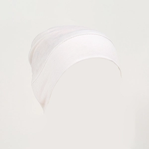 Detail of pure white modal turban inner cap with fine texture and elastic wide brim