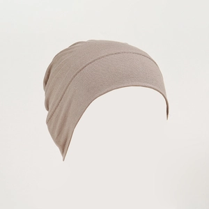 Detailed view of the double-stitched edge and soft modal knit texture on a brown beanie