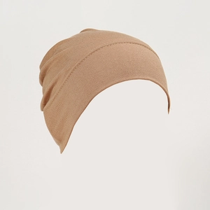 Detail of khaki modal turban hat showing soft knitted fabric and reinforced stitching