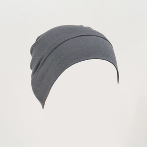 Detail of dark grey modal slouchy beanie showing soft knit fabric and elastic stitching