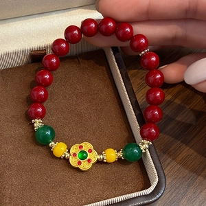 Bracciale Di Perline Stile Cinese Vintage Perla Artificial Sintetica Rossa Calcedonio Verde Pendente Fiore Oro Gioielli Etnici