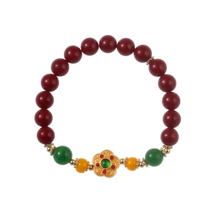Bracciale retrò in stile cinese con perline rosse, calcedonio e ciondolo a fiore oro
