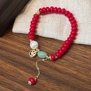 Red Beaded Bracelet Shell Artificial Pearl Green Stone Smiley Face Charm Retro Chinese Style Jewelry For Women Gold Plated