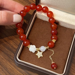 Rote Achat Perlenarmband Mit Kamelienblüte Sternanhänger Zirkon Eingelegt Vergoldete Legierung Elegante Vintage Damen Schmuck