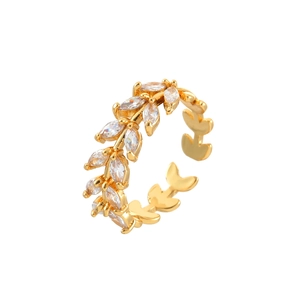 Elegant gold leaf open ring with zircon stones in minimalist laurel branch style