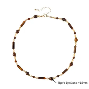 Collana retrò in perle di occhio di tigre con distanziali dorati e catena regolabile