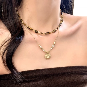 Collana Perline Pietra Occhio Di Tigre Retro Donna Rame Placcato Oro 14K Pendente Sole Doppio Strato Gioielli Boho