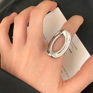 Minimalist silver oval hollow open ring for women with high polished finish