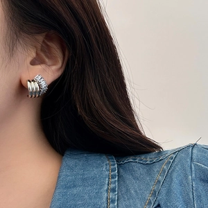 Minimalist silver multi-layer stud earrings with rectangular zircon inlay for women