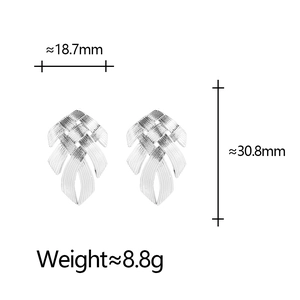 Silver woven leaf stud earrings in metallic mesh design with brushed finish details