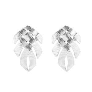 Minimalist silver woven earrings with multi-layer geometric interlaced metal design