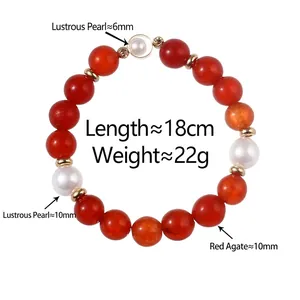 Elegant beaded bracelet with red agate and pearls, vintage style for women, 18cm length