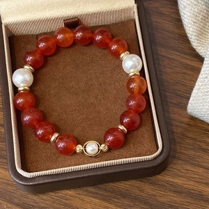Retro Beaded Bracelet Red Agate Artificial Pearl Gold Plated Brass Elegant Vintage Chinese Style Jewelry For Women