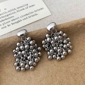 Détail macro de boucles d'oreilles en grappe argentée avec des sphères métalliques polies