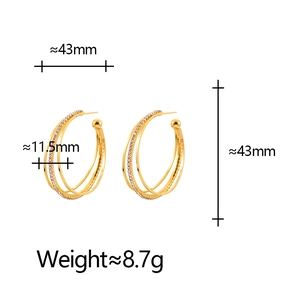 Orecchini a cerchio dorati a tre strati con zirconi, diametro 43mm e dimensioni