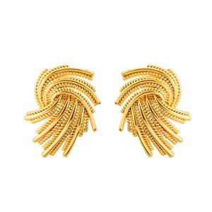 Vintage golden woven stud earrings with textured fan-shaped metallic structure