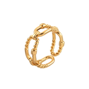 Minimalist double layer gold open ring featuring twisted rope and U-buckle design
