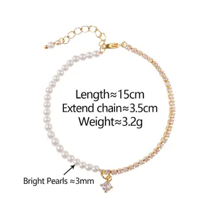 French style pearl and zircon bracelet with gold plating and adjustable chain