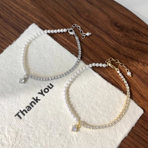 Elegant French Style Half Artificial Pearl Half Cubic Zirconia Tennis Chain Bracelet With Round Stone Pendant Adjustable For Women