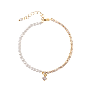French style pearl bracelet with shiny cubic zirconia chain and adjustable gold clasp