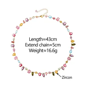 Colorful zircon necklace with gold-plated chain featuring diverse gemstone shapes
