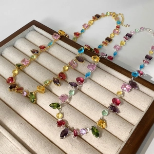 Colorful Zircon Necklace Copper Luxury Trendy Geometric Shape Multicolored Stones Jewelry Adjustable Clavicle Chain