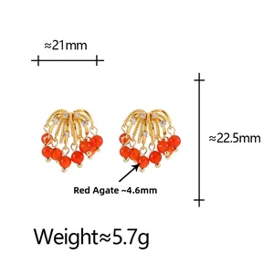 Detailed size measurement of gold tassel earrings with red agate beads and zircon studs
