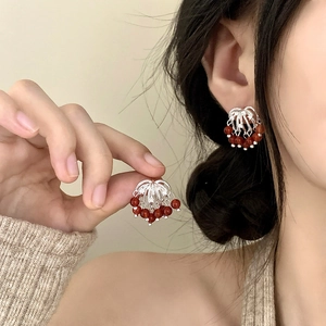 Elegant red agate tassel stud earrings with fireworks zircon design for a luxury look