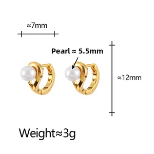 Detail view of gold-plated shell pearl earrings showing curved metal design and secure clasp