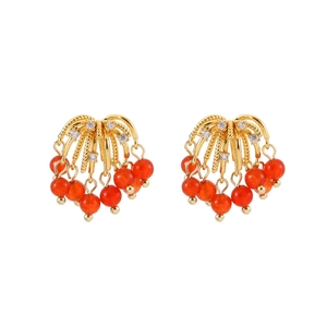 Luxurious red agate fountain tassel earrings with gold plating and sparkling zircon