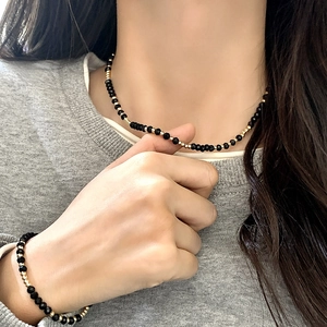 Black Crystal Beaded Necklace Bracelet French Vintage Elegant Copper Gold Plated Versatile Jewelry For Women