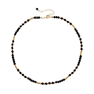 Elegant French vintage black beaded necklace with faceted crystals and gold accents