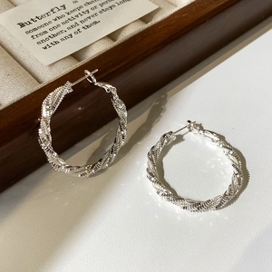 Detailed view of silver twisted hoop earrings with textured finish in a display box