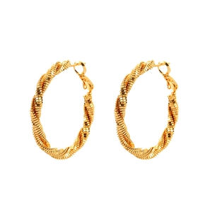 Elegant gold-tone twisted hoop earrings with a textured spiral design on a white background