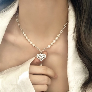 Heart Pendant Necklace Freshwater Pearl Copper Paperclip Chain Gold Plated French Sweet Cool Jewelry For Women