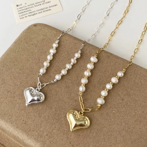 French style heart pendant necklace with freshwater pearls in gold and silver finish