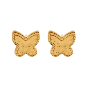 Exquisite golden butterfly stud earrings with handcrafted hammered texture on white background