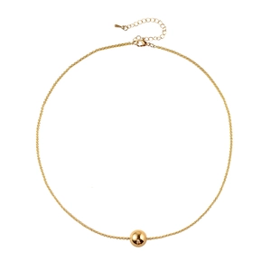 Minimalist gold snake chain necklace with a single polished metal bead on white background