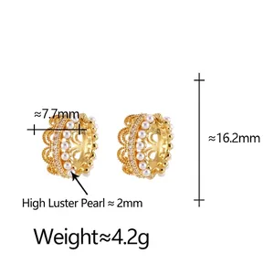 Lace style gold C-shape earrings with premium pearls and sparkling crystal accents