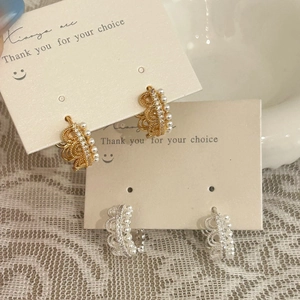 French Vintage Lace Hoop Earrings With Faux Artificial Pearls And Rhinestones Copper Earring Post Crown Design Elegant Jewelry