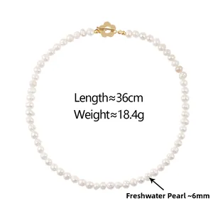 Detail view of freshwater pearl necklace with gold flower OT clasp and specifications
