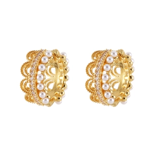 Elegant French style gold hoop earrings with white pearls and lace pattern crystals