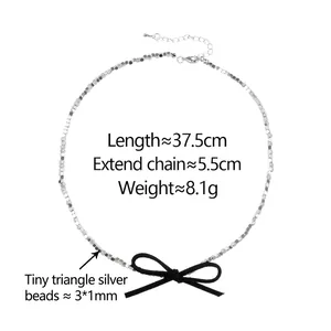 Silver碎银 bow necklace with black velvet bow and adjustable chain for women fashion