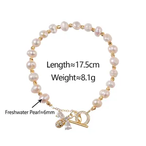 Bracelet en perles d'eau douce baroques avec pendentif abeille en zircon et fermoir OT